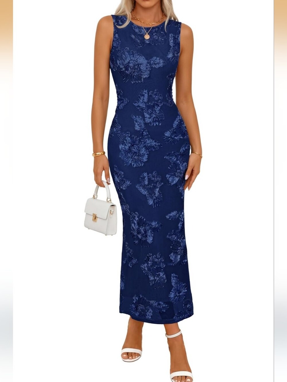 MEROKEETY Women's Summer Floral Bodycon Maxi Dress Slit Mesh Sleeveless Sz M NWT